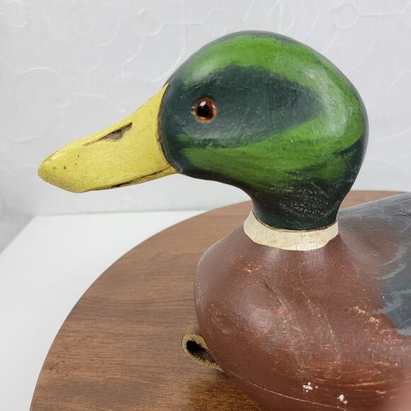 Vintage Signed Wood Carved Peabody Hotel Drake Mallard Duck Decoy Glass Eyes - Picture 3 of 16